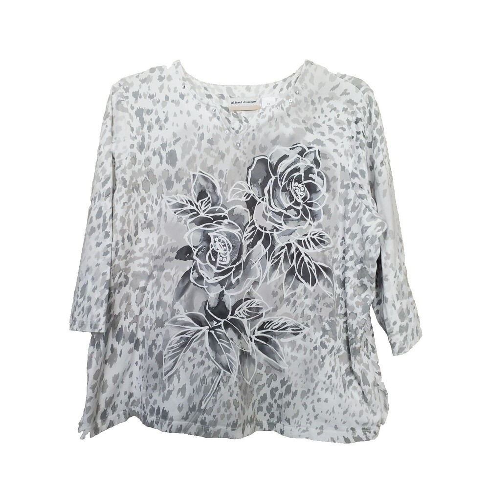 Alfred Dunner Woman Embellished Flower/Animal Print Split Neck Knit Top Size 1X